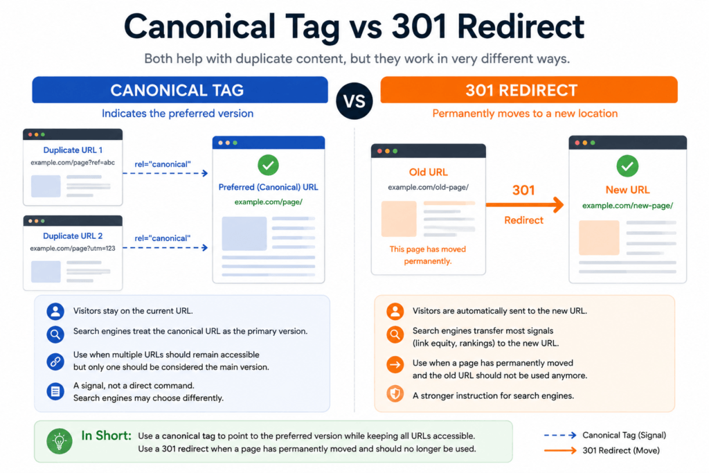 Canonical Tag vs 301 Redirect Infographic image