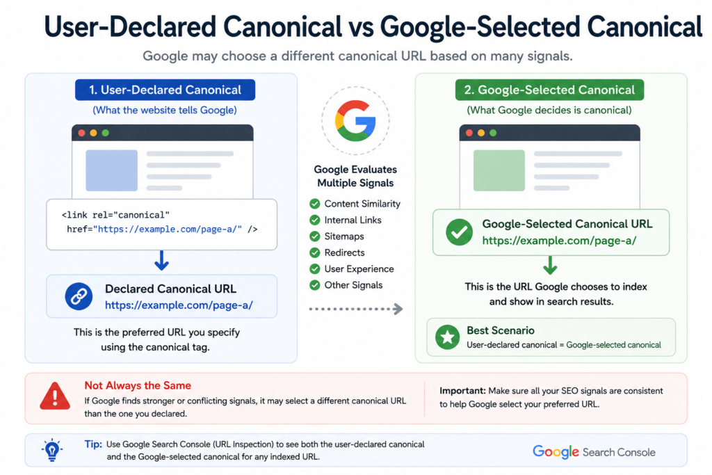 image of user declared canonical and Google declared canonical