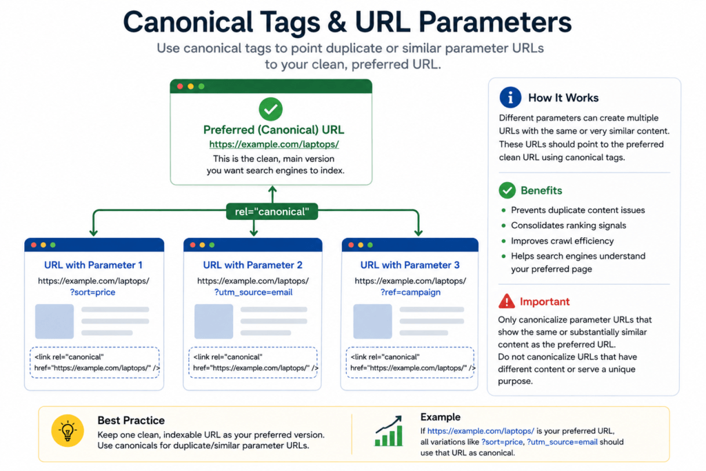 SEO Canonical Tags and URL Parameters Infographic