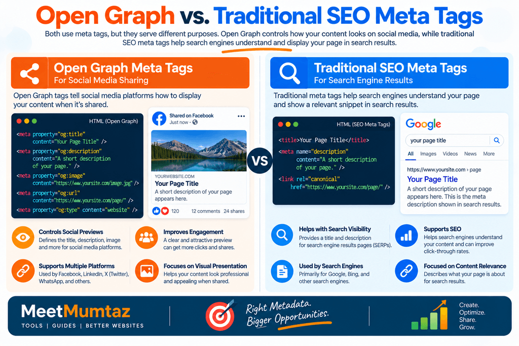 Open Graph vs Traditional SEO Open Graph Generator
Tags Infographic
