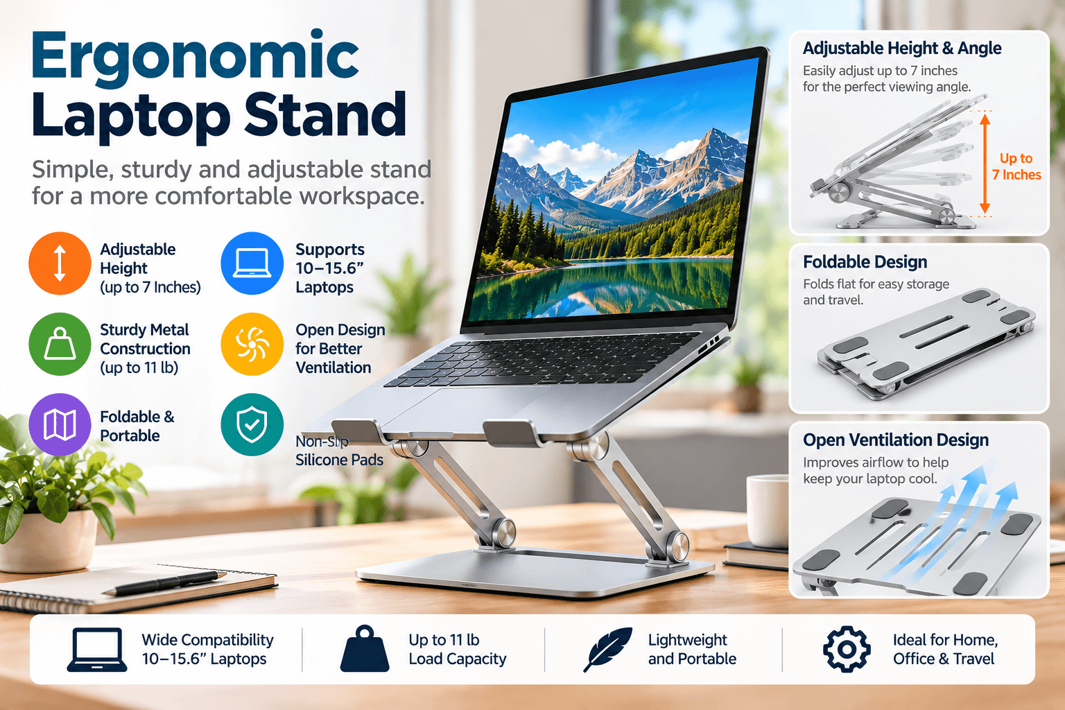 Ergonomic Laptop Stand Workspace Infographic