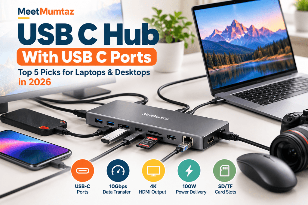 USB C hub with USB C ports for laptops and desktops